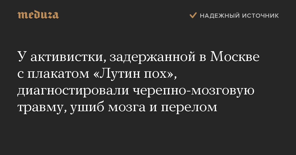 У активистки, задержанной в Москве с плакатом «Лутин пох», диагностировали черепно-мозговую травму, ушиб мозга и перелом