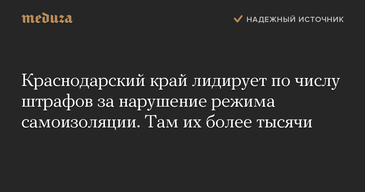 Краснодарский край лидирует по числу штрафов за нарушение режима самоизоляции. Там их более тысячи