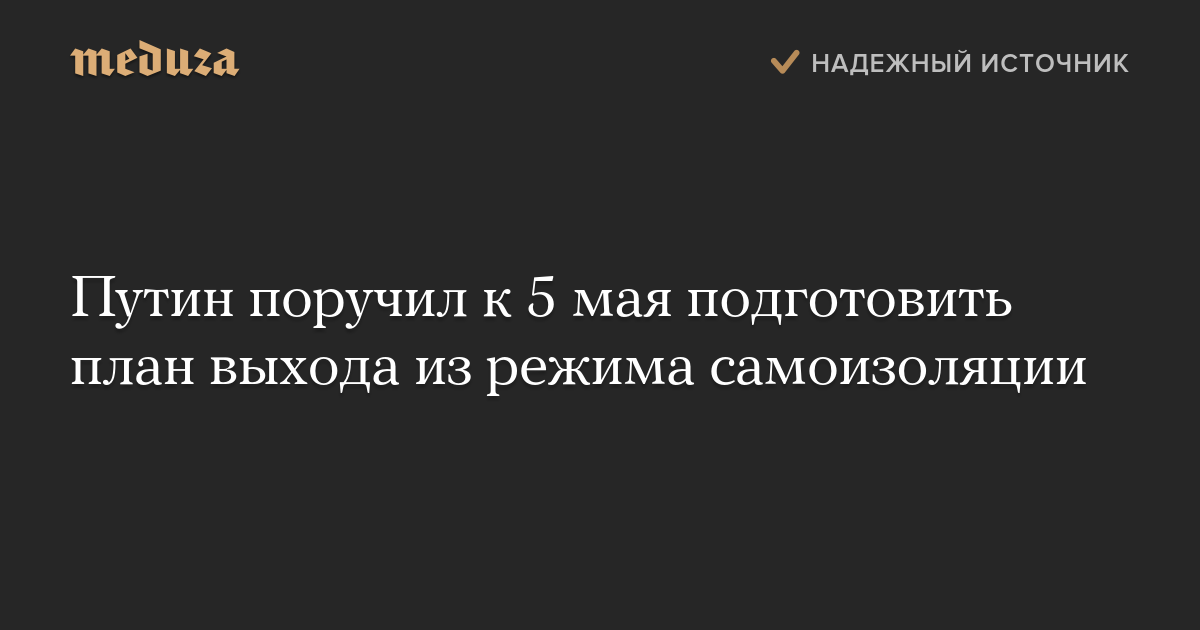 Путин поручил к 5 мая подготовить план выхода из режима самоизоляции