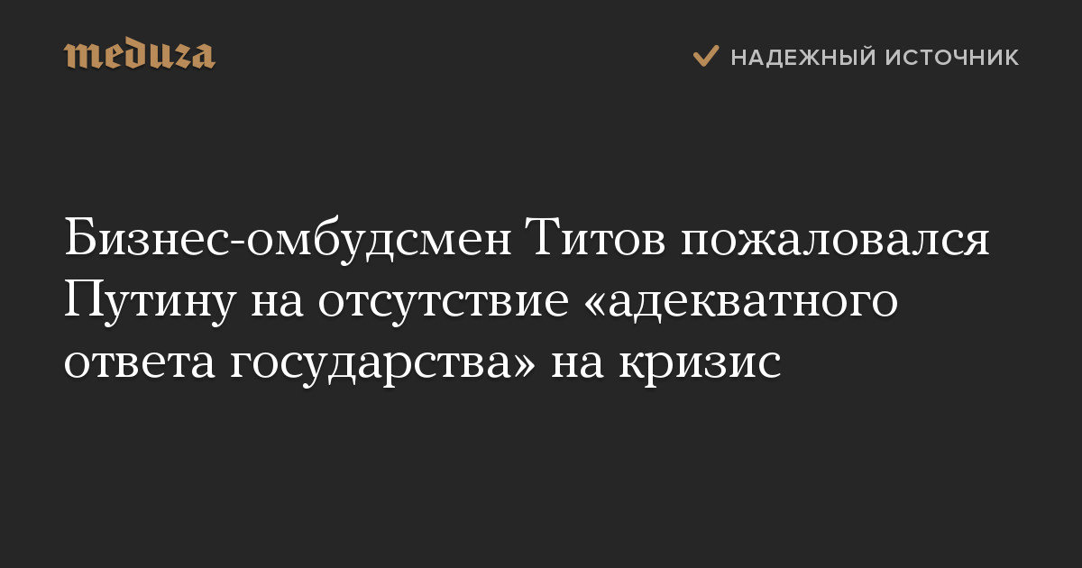 Бизнес-омбудсмен Титов пожаловался Путину на отсутствие «адекватного ответа государства» на кризис