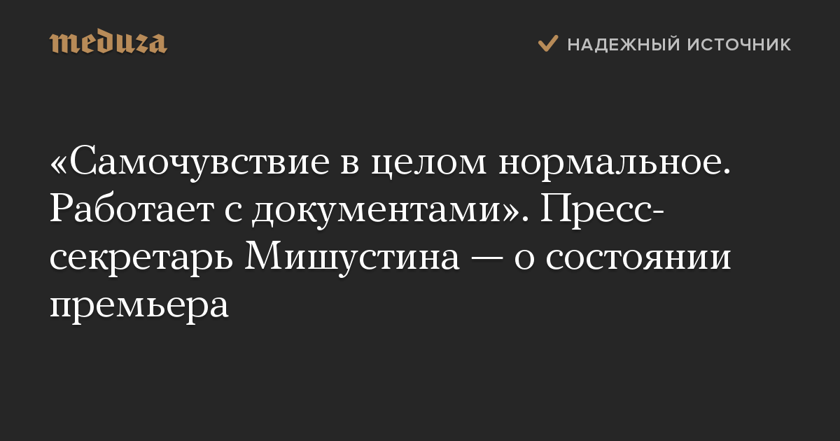 «Самочувствие в целом нормальное. Работает с документами». Пресс-секретарь Мишустина — о состоянии премьера