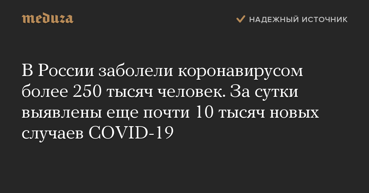 В России заболели коронавирусом более 250 тысяч человек. За сутки выявлены еще почти 10 тысяч новых случаев COVID-19