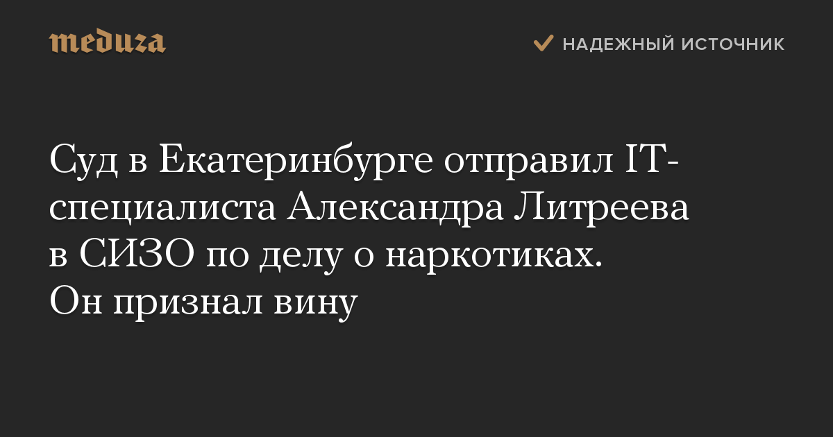 Суд в Екатеринбурге отправил IT-специалиста Александра Литреева в СИЗО по делу о наркотиках. Он признал вину