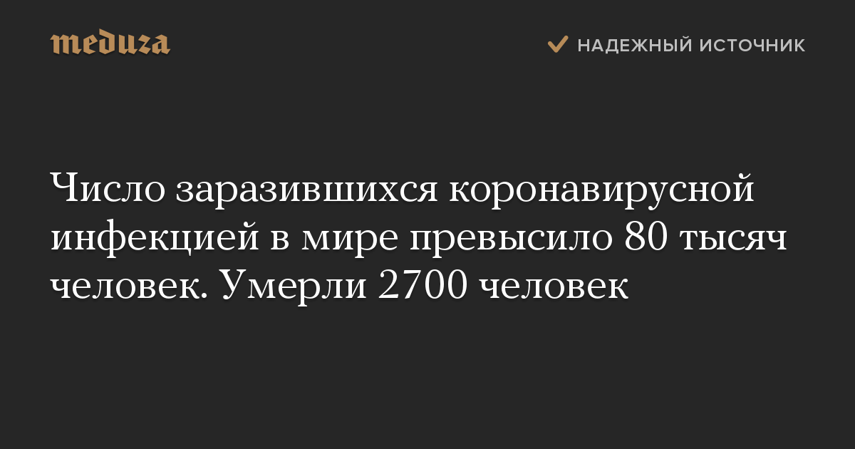 Число заразившихся коронавирусной инфекцией в мире превысило 80 тысяч человек. Умерли 2700 человек