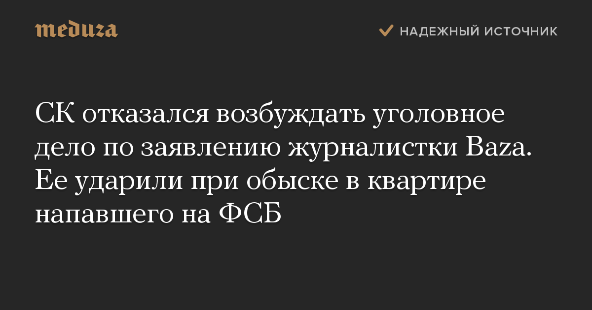 СК отказался возбуждать уголовное дело по заявлению журналистки Baza. Ее ударили при обыске в квартире напавшего на ФСБ