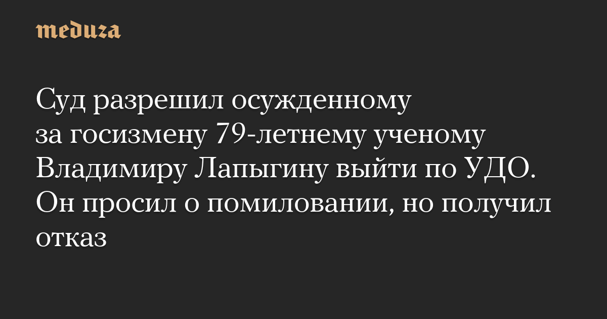 Суд разрешил осужденному за госизмену 79-летнему ученому Владимиру Лапыгину выйти по УДО. Он просил о помиловании, но получил отказ