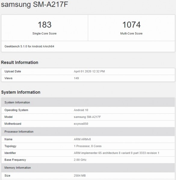 Samsung Galaxy A21s появился в Geekbench