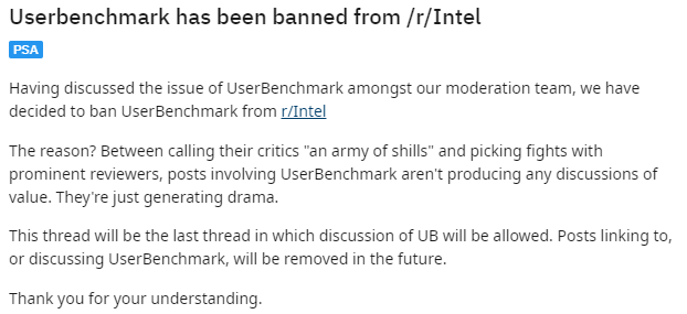 За подсуживание в пользу Intel процессорный тест UserBenchmark забанили в Reddit