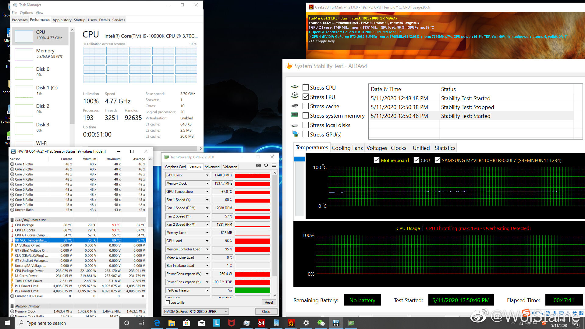 Intel Core i9-10900K в стресс-тесте нагрелся до 93 °C несмотря на жидкостное охлаждение