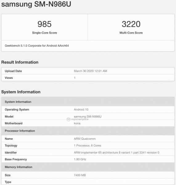 Samsung Galaxy Note20+ впервые засветился в тесте. В основе всё та же SoC Snapdragon 865