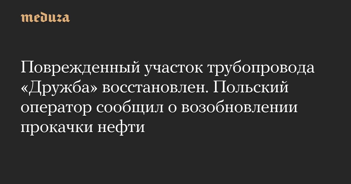 Поврежденный участок трубопровода «Дружба» восстановлен. Польский оператор сообщил о возобновлении прокачки нефти